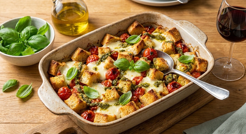 Bruschetta-Auflauf mit Brötchenwürfeln, Kirschtomaten, Basilikum und Käse in einer Auflaufform
