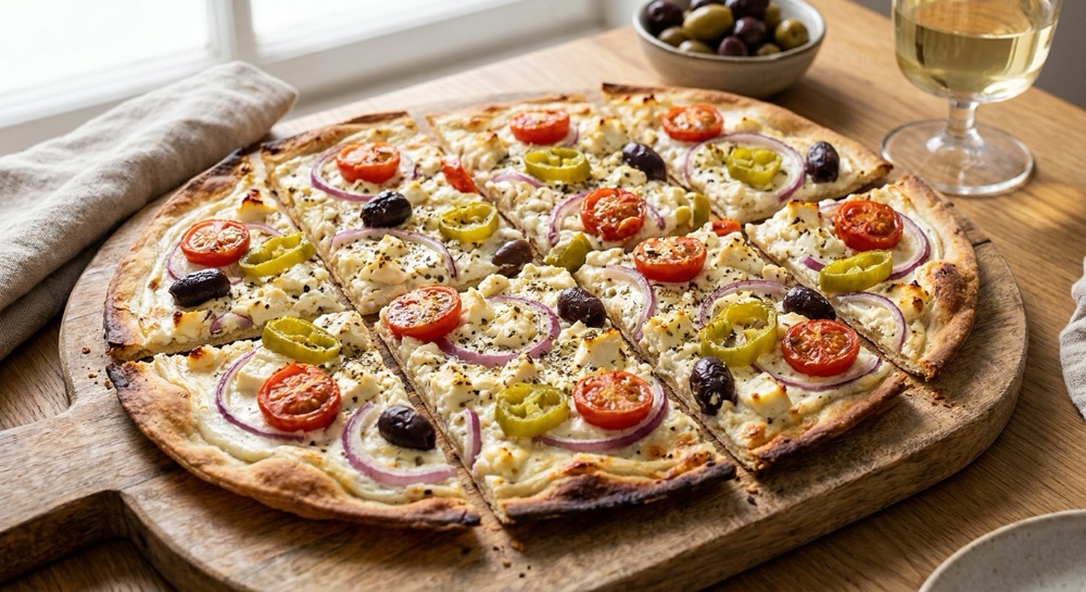 Griechischer Flammkuchen mit weißem Käse, Kirschtomaten, Oliven, roter Zwiebel und Paprika auf einem Holzbrett