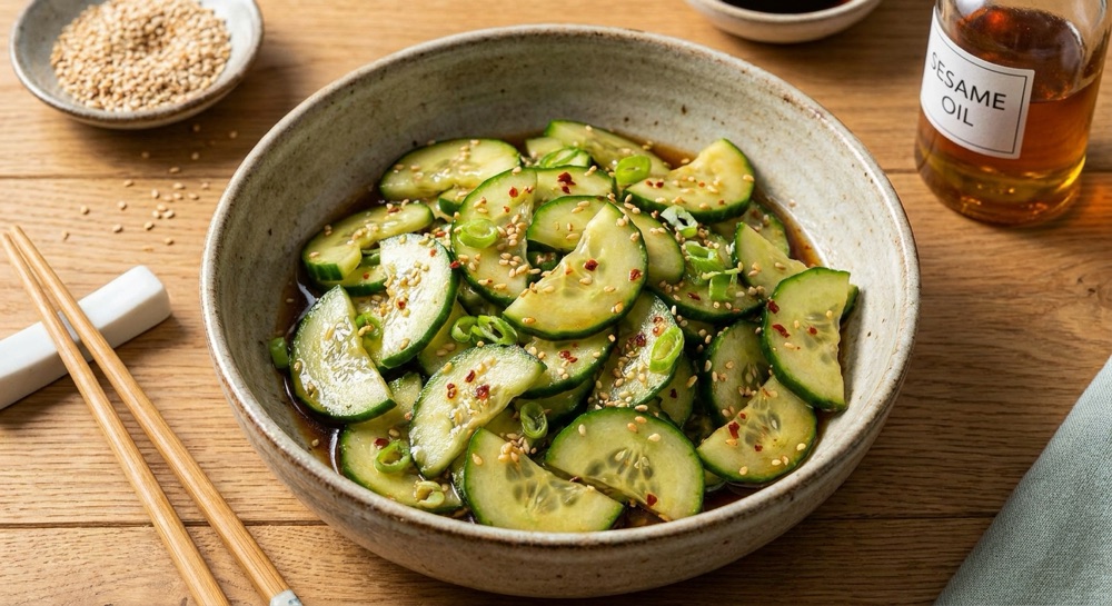 Asiatischer Gurkensalat mit Frühlingszwiebeln, Sesam und Chiliflocken in einer Schale