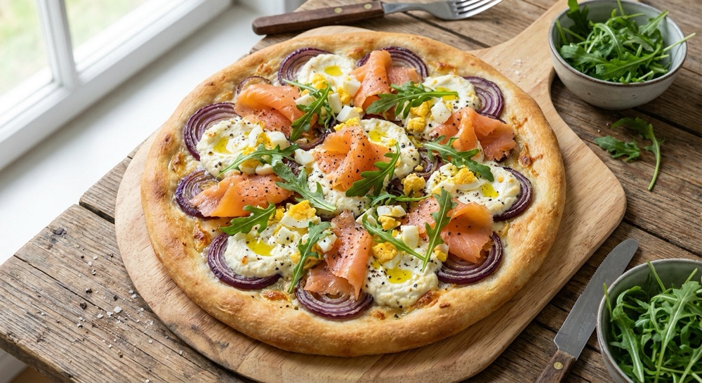 Lachspizza mit pochiertem Ei, roter Zwiebel und Rucola auf einem Holzbrett